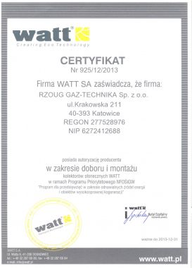 Otrzymaliśmy certyfikat od Watt S.A.